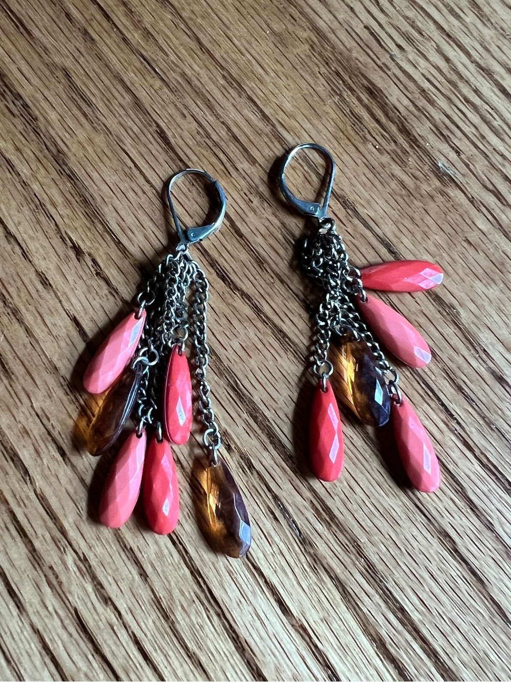 Vintage Dangle Teardrop Cluster Earrings in Coral and Amber